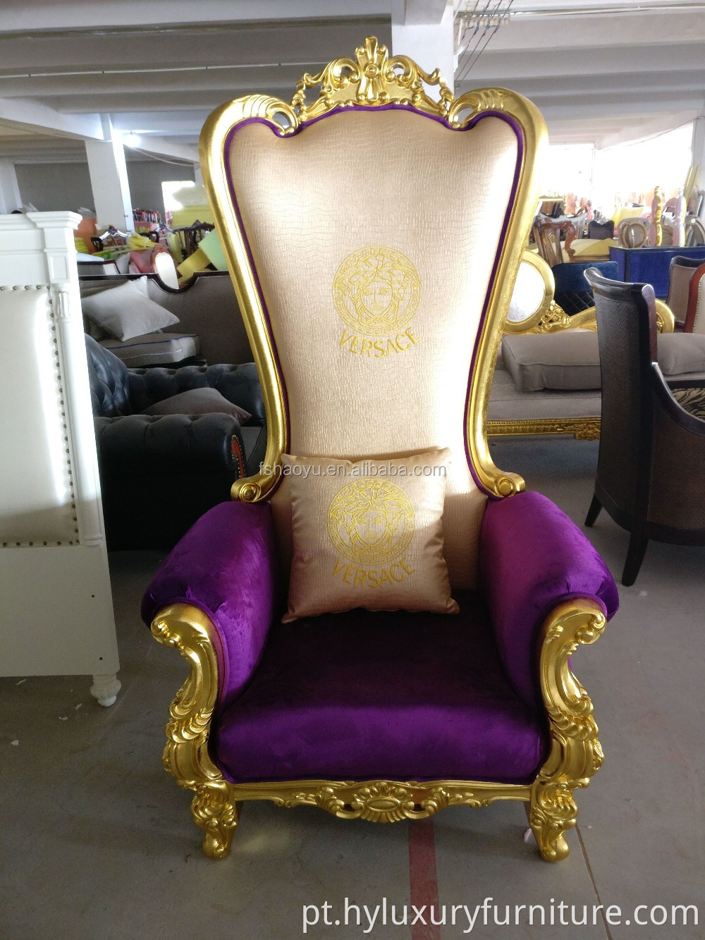 Fornecer cadeira royal king throne, cadeira PU bergere, cadeira de couro roxo para hotel com encosto alto